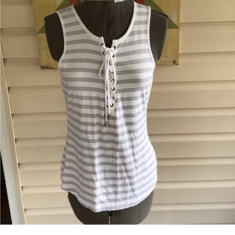 White House Black Market white and gray lace up tank top. Size Small.